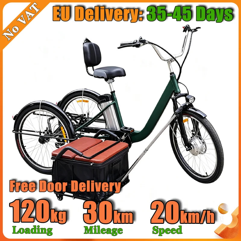 24" Adult Electric Tricycle 36V12Ah Lithium 350W Shimano 7-Speed LCD Disc Brake 120KG Load Foldable Cargo 3 Wheel Electric Bike