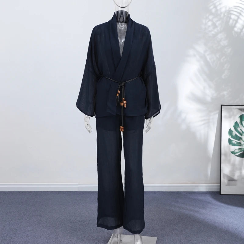 Tie Front Textured Women's Set V-Neck Loose Set Wide Sleeve Drawstring Pants Casual Lounge Solid Color 2 Piece Outfits For Daily