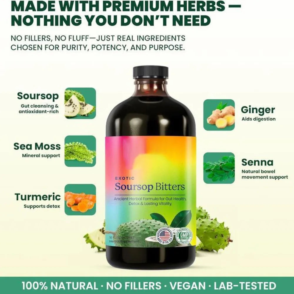 Soursop Bitters Liquid Supplement,Black Seed Moringa Irish Moss Drops for Gut Digestive Wellness Immune Support 473ml Bottle