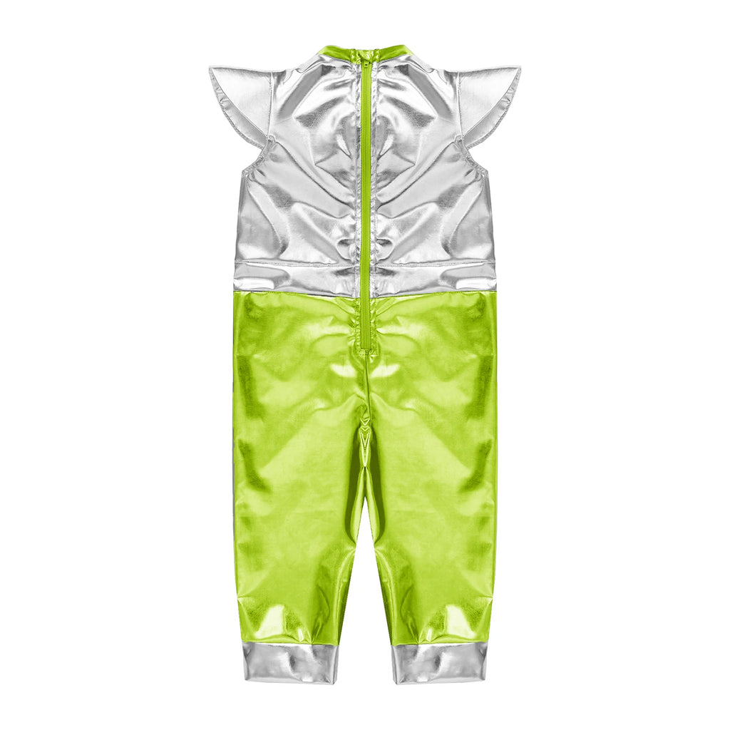 Toddler Boys Girls Shiny Alien Dress-up Costume Jumpsuit Cap Sleeve Zipper Metallic Romper for Photography Halloween Theme Party
