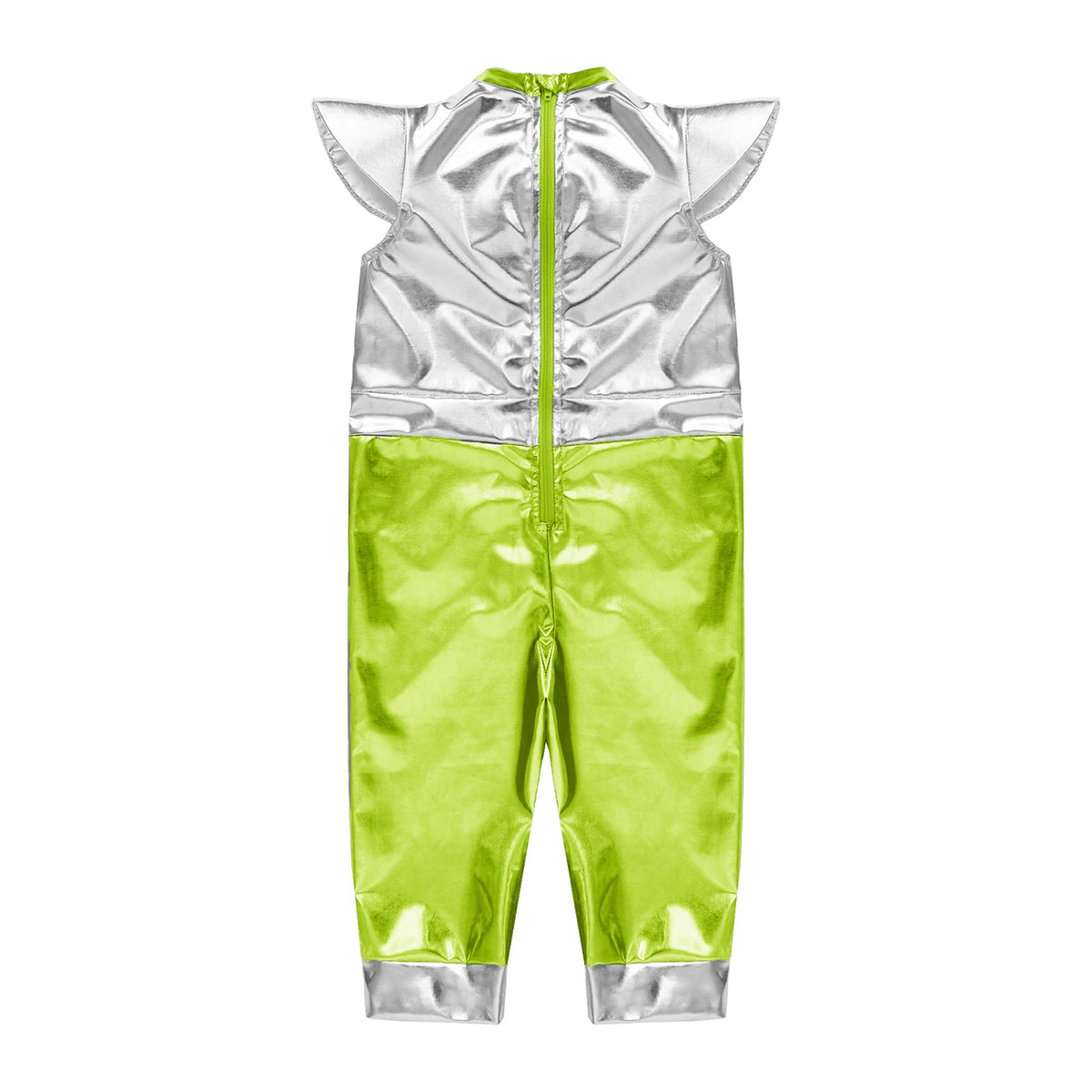 Toddler Boys Girls Shiny Alien Dress-up Costume Jumpsuit Cap Sleeve Zipper Metallic Romper for Photography Halloween Theme Party