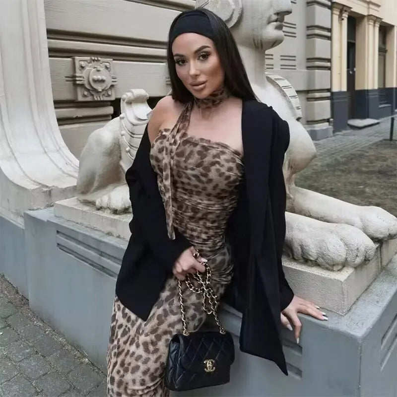 WOMEN Leopard Print Tulle Crop Top Woman Ruched Off Shoulder Bandeau Top Women Sleeveless Backless Tube Top Summer Sexy Tops