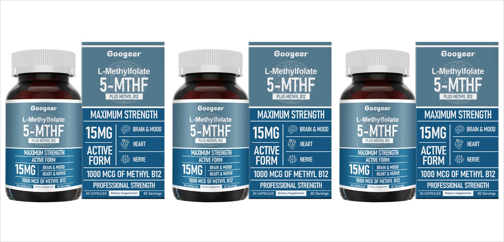 Googeer L Methylfolate 15mg + Methyl B12 1000mcg Active Folate B12 Support 60 Capsules