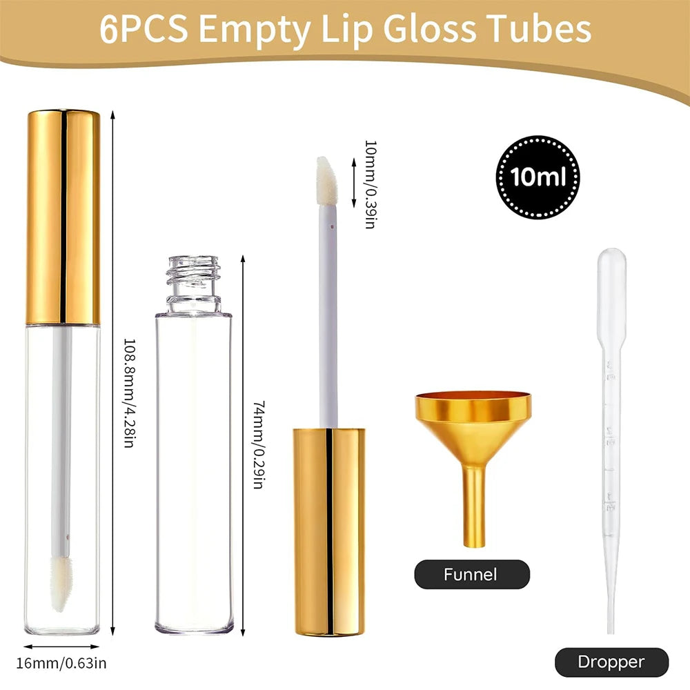 6 PCS Empty Lip Gloss Tubes 10ml Gold Lips Glosses Containers Empty Refillable Cosmetic Containers with Wand for Travel DIY