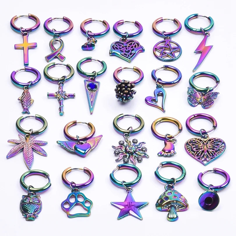 Multistyle Rainbow Ear Jewelry Stainless Steel Hoops Fashion Alloy Heart Wings  Witch Hat Foot Sun Charm Earrings For Women Men
