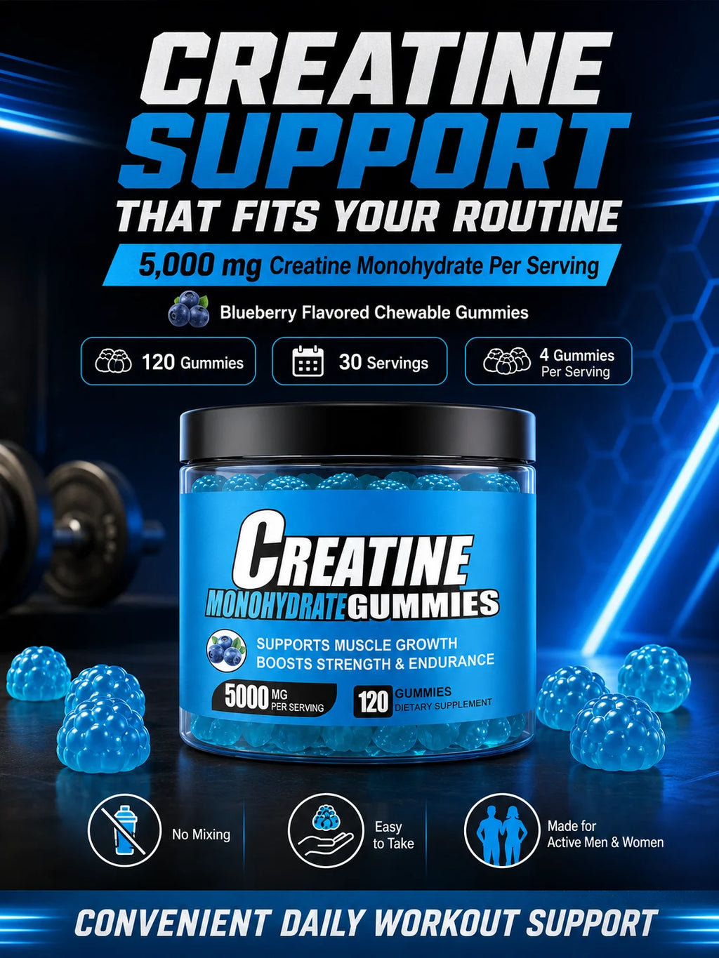 Creatine Monohydrate Gummies 5000mg Per Serving, 120 Gummies for Muscle Strength, Endurance & Energy, Dietary Supplement