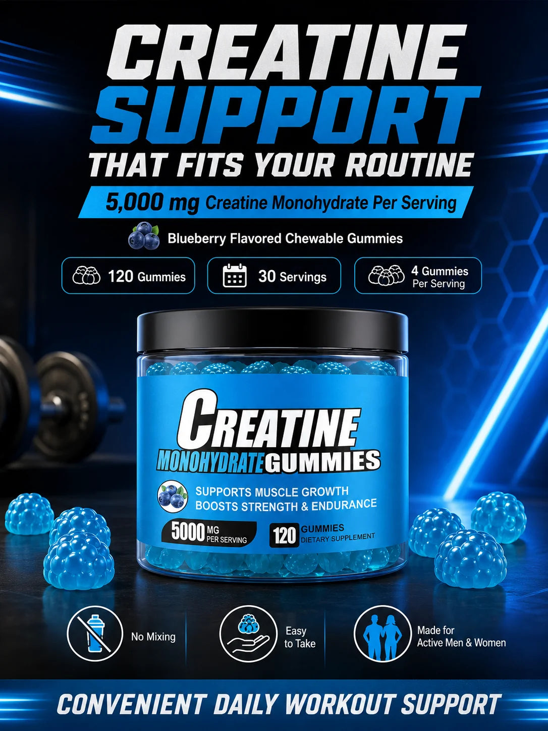 Creatine Monohydrate Gummies 5000mg Per Serving, 120 Gummies for Muscle Strength, Endurance & Energy, Dietary Supplement