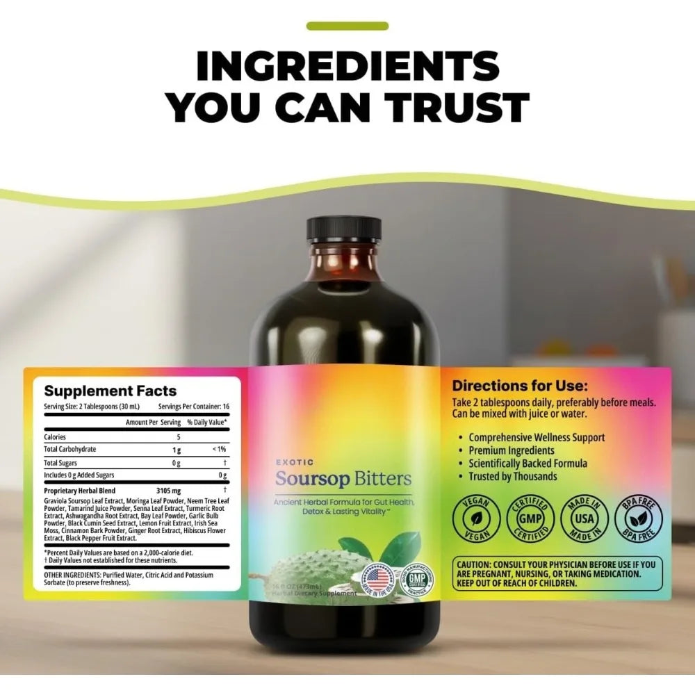 Soursop Bitters Liquid Supplement,Black Seed Moringa Irish Moss Drops for Gut Digestive Wellness Immune Support 473ml Bottle