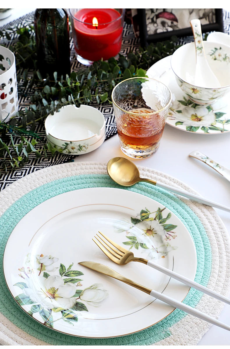 Bone China Dinnerware, Household Ceramic Rice Bowl, Deep Dishes, Soup Pots, Steak Flat Plate, Delicate Floral Tableware