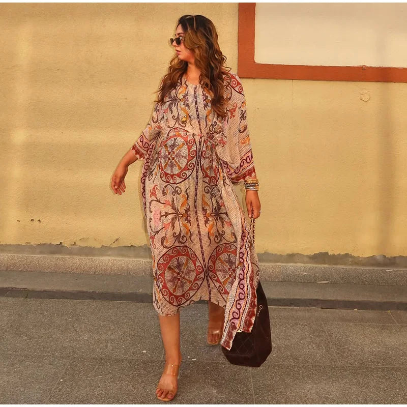 Women's V-Neck Vintage Vine Print Batwing Sleeve Maxi Dress Drawstring Waist Loose Flare Long Dress Mesh Texture Beach Vacation