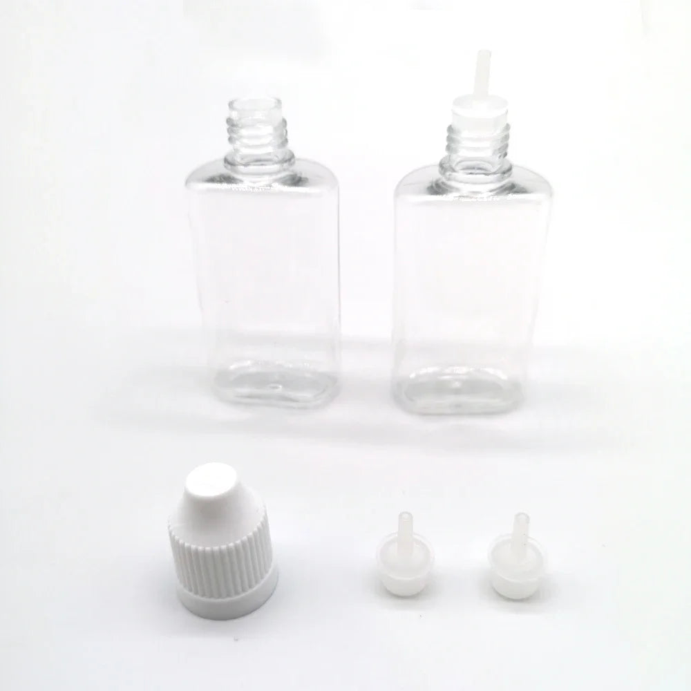 100pcs 30ml Clear/Black PET Plastic Square Flat Dropper Bottles Long Tip Cap Empty Liquid Dropper Squeezable Refillable Bottles