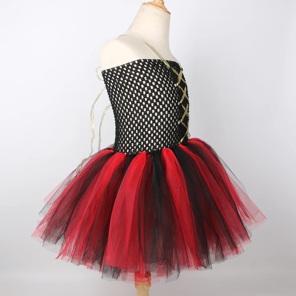 Girls Pirate Costume Kids Halloween Carnival Party Dress Up Clothes Black Red Toddler Girls Pirates Tulle Princess Tutu Dress