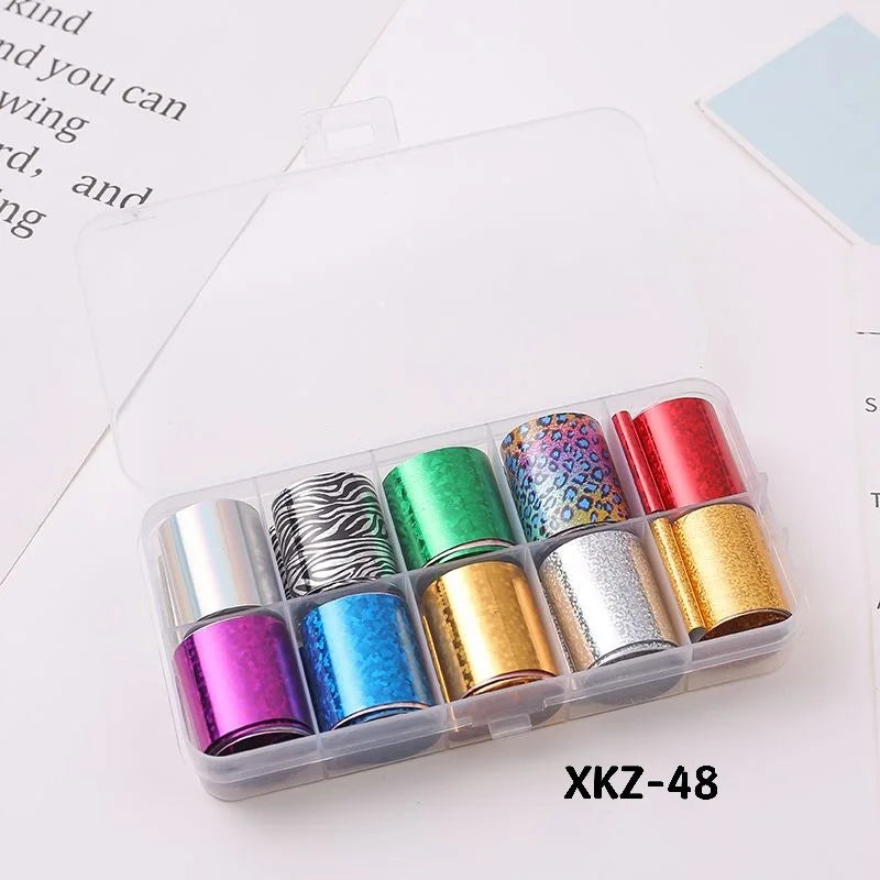10 Rolls/ Box Charm Nail Foils Polish Stickers Metal Color Starry Paper Transfer Foil Wraps Adhesive Decals Nail Art Decorations
