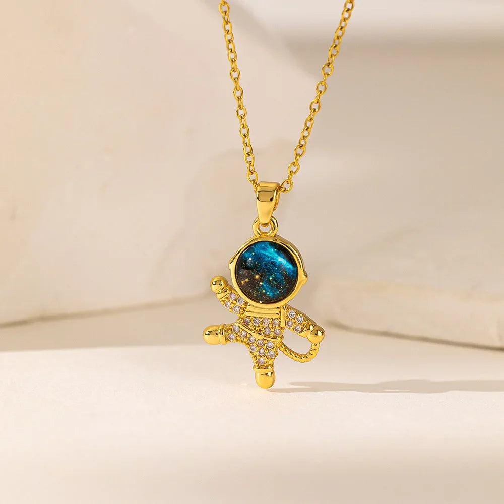 Creativity Trendy Stainless Steel Blue Crystal Planet Spaceman Moon Pendant Necklace for Women Cute Zircon Collar Jewelry Gift