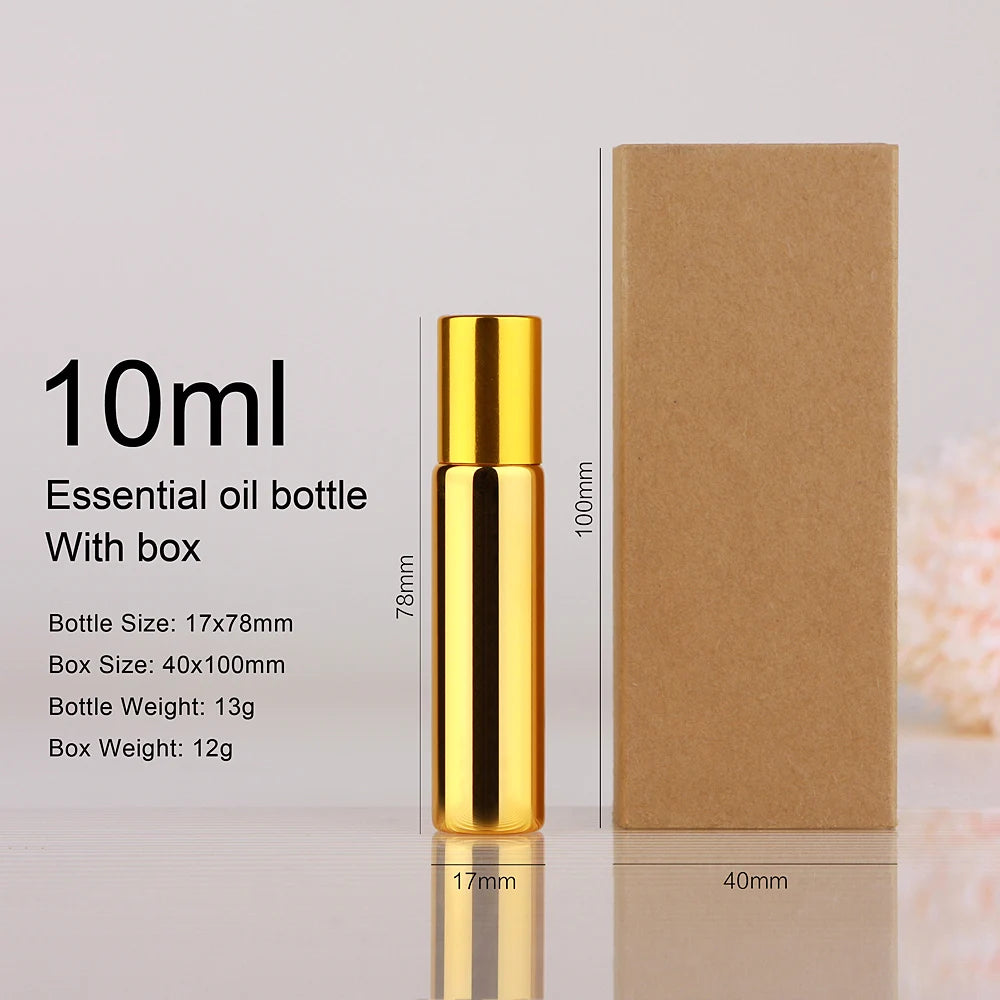50 Pcs/Lot 10ml Electroplated Roll On Perfume Bottle Refillable Essential Oil Bottles With Box Roller Glass Vials LOGO Pay Extra