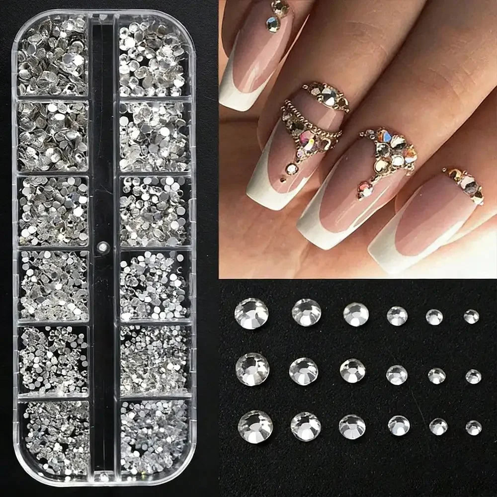 12 Grids Nail Rhinestones Mixed Size Clear Crystal AB Charms Flatback DIY Nail Art Decor