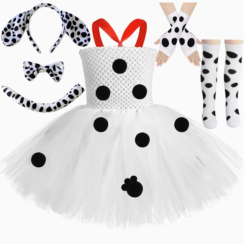 HJTT Toddler Girls Dalmatian Dog Costume Polka Dot Spotted Puppy Tutu Dress Dalmatians Costume for Kids Halloween Party Dress Up