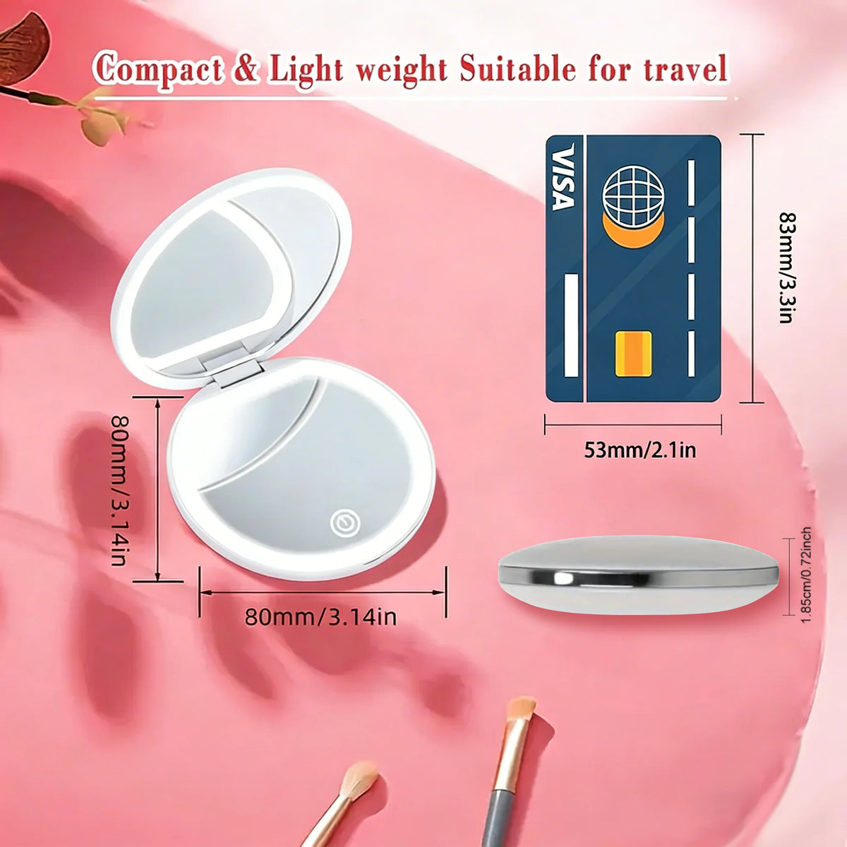 Compact Mirror with Light, 1X/3X Magnification LED Pocket Mirror with USB Data Cable, Pink Mini Mirror for Purse, Pocket,Travel