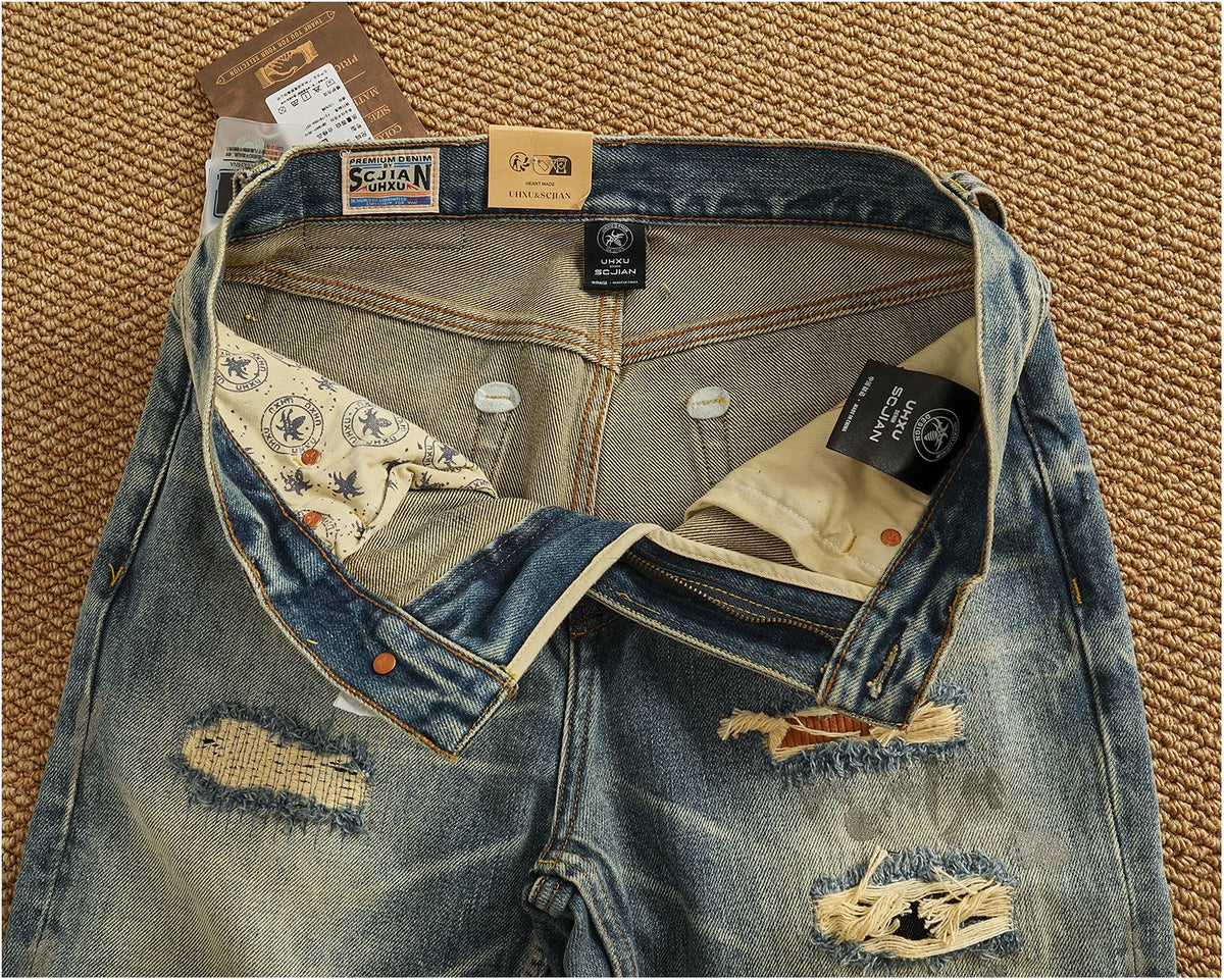 2025 Autumn New American Retro Heavyweight Ripped Denim Men's Fashion 100% Cotton Washed Old Straight Tapered Casual Jeans
