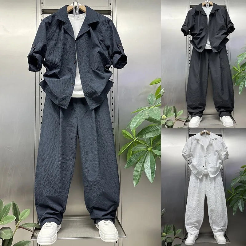 2026 Summer Men's Seersucker 2 Piece Set Short Sleeve Shirt & Pants Casual Loose Fit Breathable Co-ord Suit for Vacation
