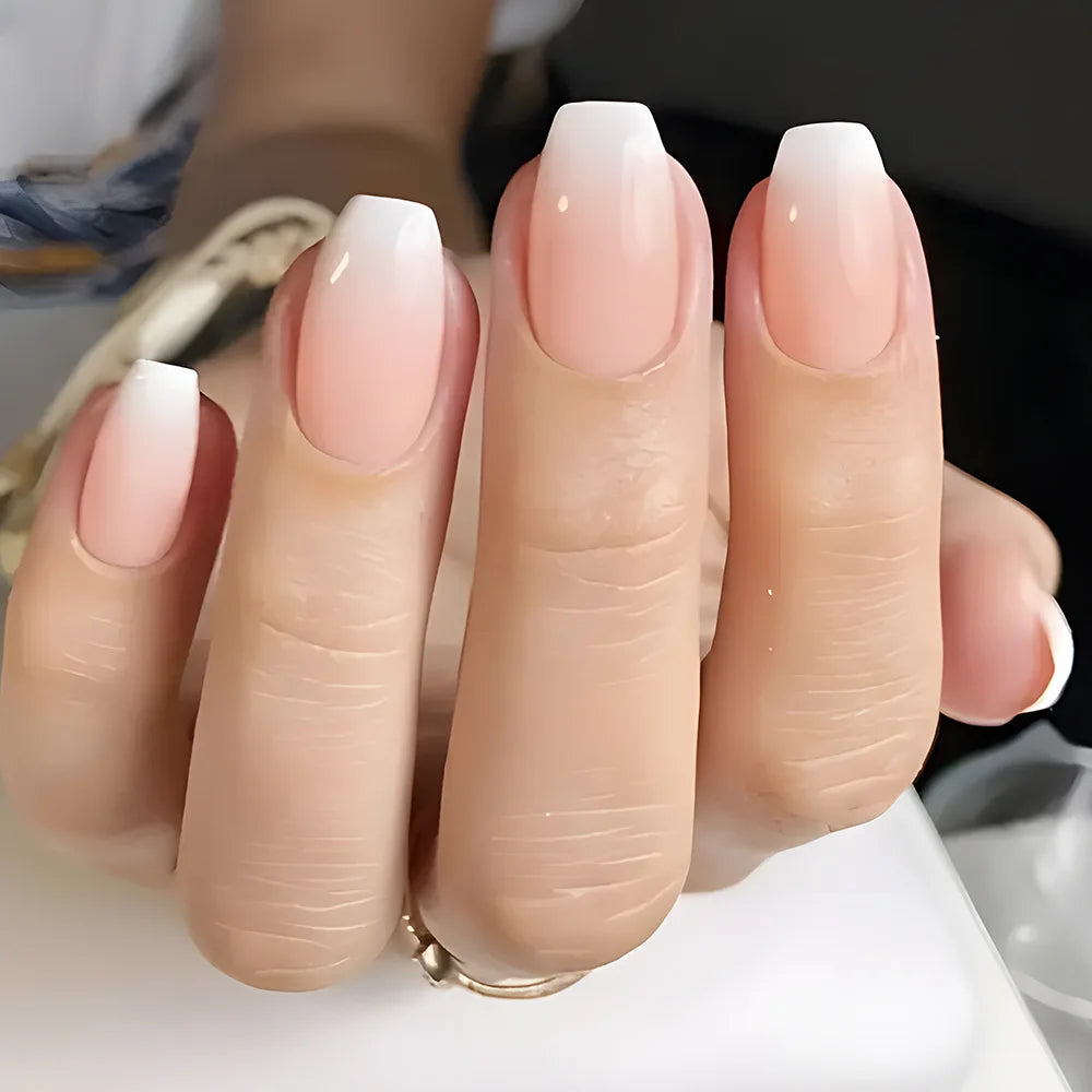 24Pcs Simple Square Head Fake Nail with nude design White Gradient French Press on False Nails Short Full Cover Nail Tips