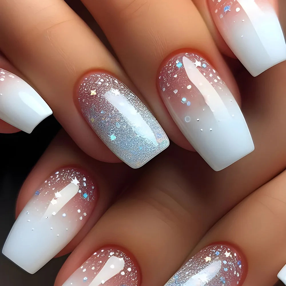 24Pcs Simple Square Head Fake Nail with nude design White Gradient French Press on False Nails Short Full Cover Nail Tips