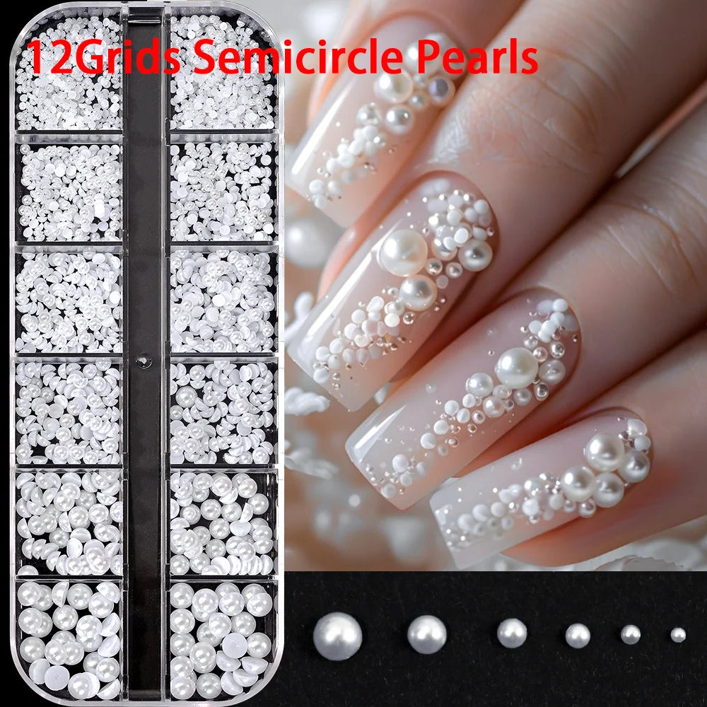 12Grids 3D White Round/Semicircle Pearls Nail Art Charms 0.15-0.5cm Faltback Pearl Caviar Bead Rhinestone DIY Manicure Accessory