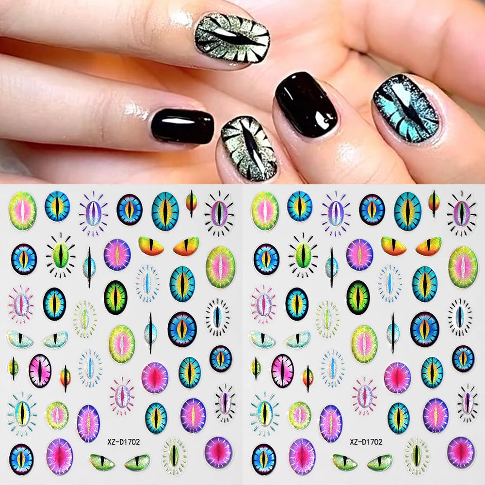 3D Simple Dragon Eyes Nail Art Stickers Green Blue Dinosaur Snake Cat Evil Eye Decal Foil Design Manicure Decoration Accessories