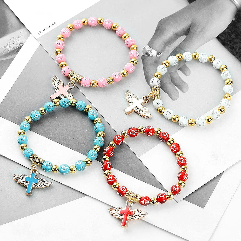 Fashion Acrylic Beaded Bangles Bracelet With Angel Wings Cross Pendant For Women Men Wristbands Lucky Jewelry Gifts