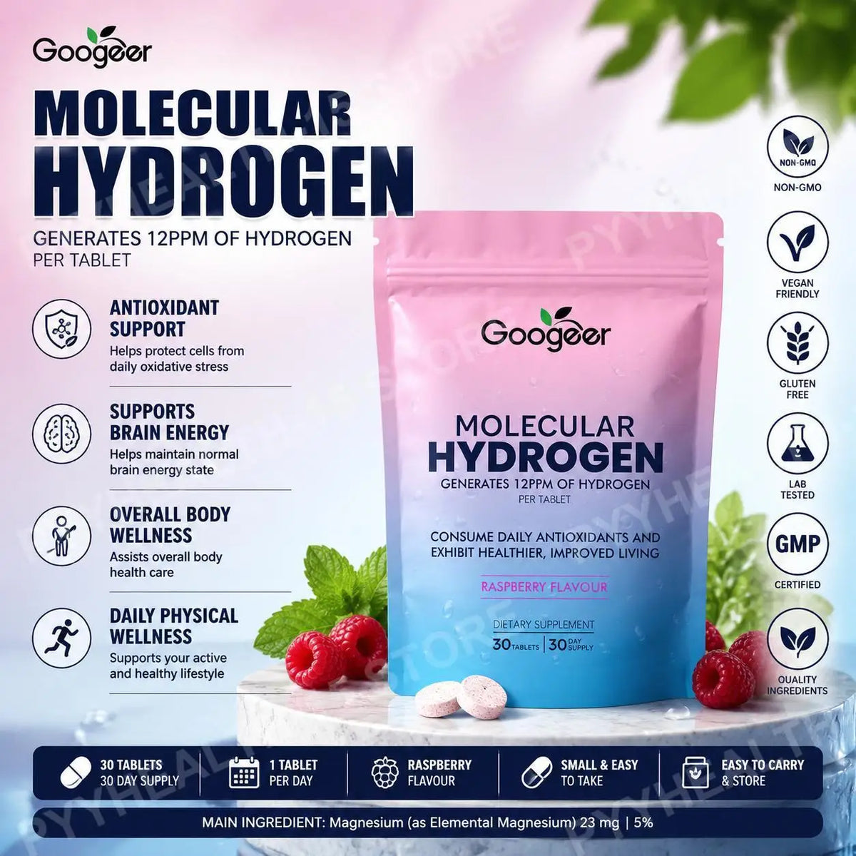 Molecular Hydrogen Water Tablets 12 PPM with Magnesium, Raspberry Flavor, Daily Wellness and Antioxidant Support, 30 Tablets