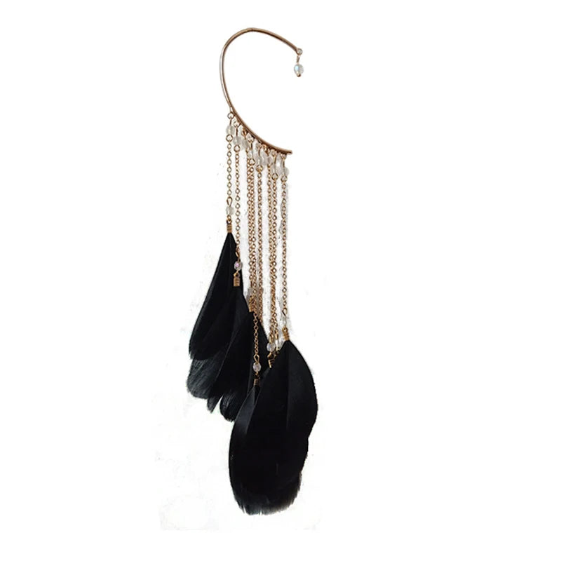 Bohemian Colour Feather Ear Hook Clip on Earrings Without Piercing for Women Accessories Long Tassels Cuff Earring Jewelry
