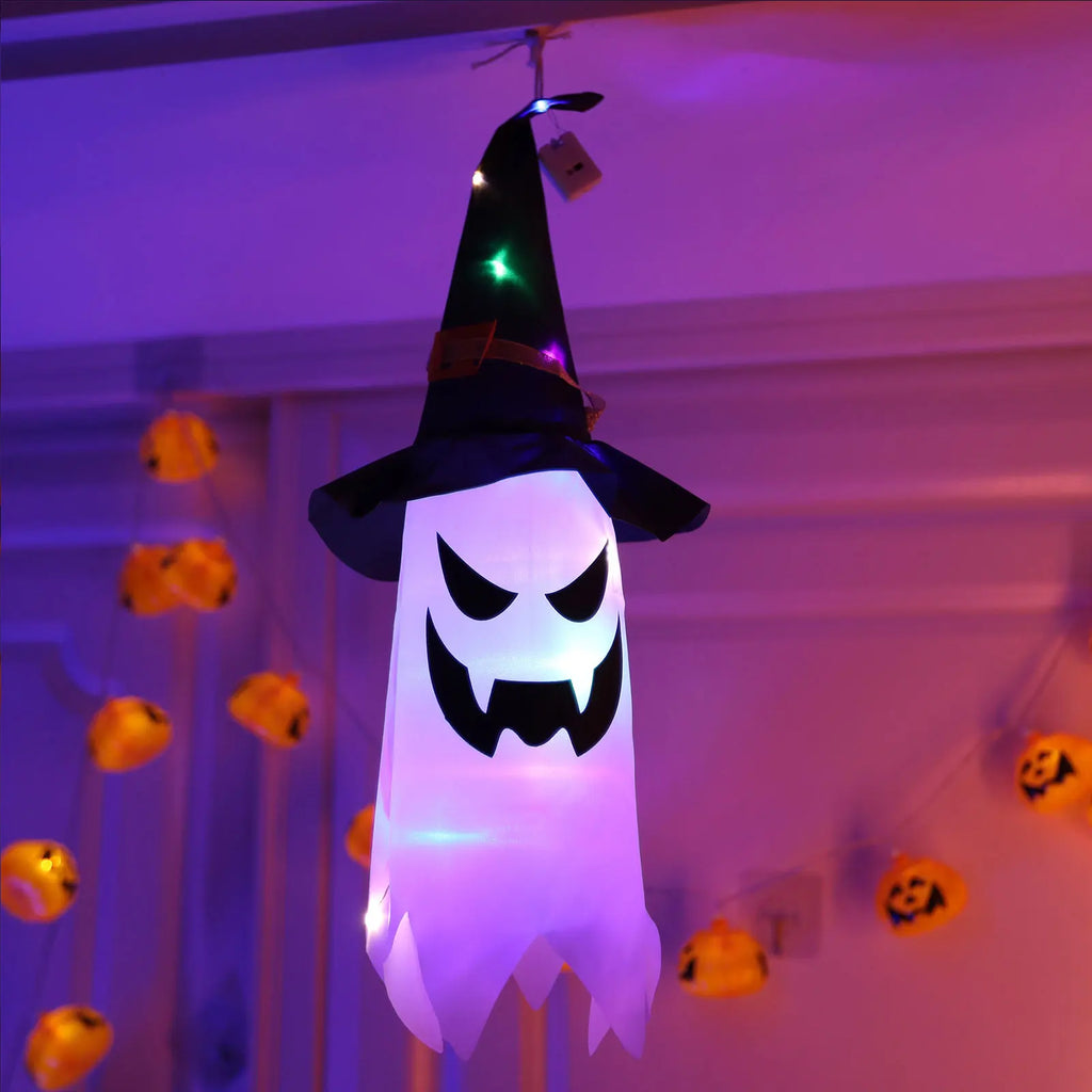 Halloween Hanging Ghost Decorations Outdoor, Glowing Ghost with Witch Hat String Lights for Yard Patio Garden Tree Decoration