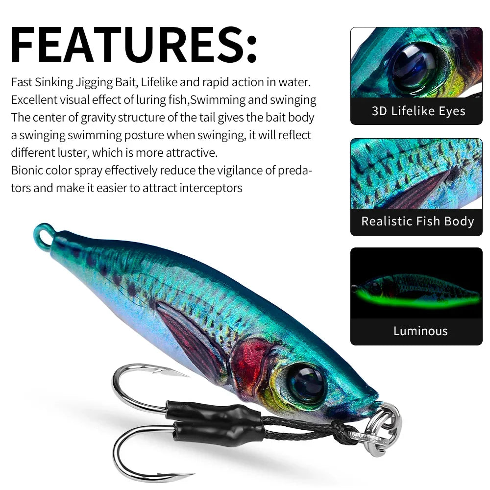 PROBEROS 5pcs Luminous Metal Jig Lure 30g 40g 60g 80g 3D Eyes Fishing Lures Bionic Bait Jerkbait Bass Pike Wobblers Swimbait