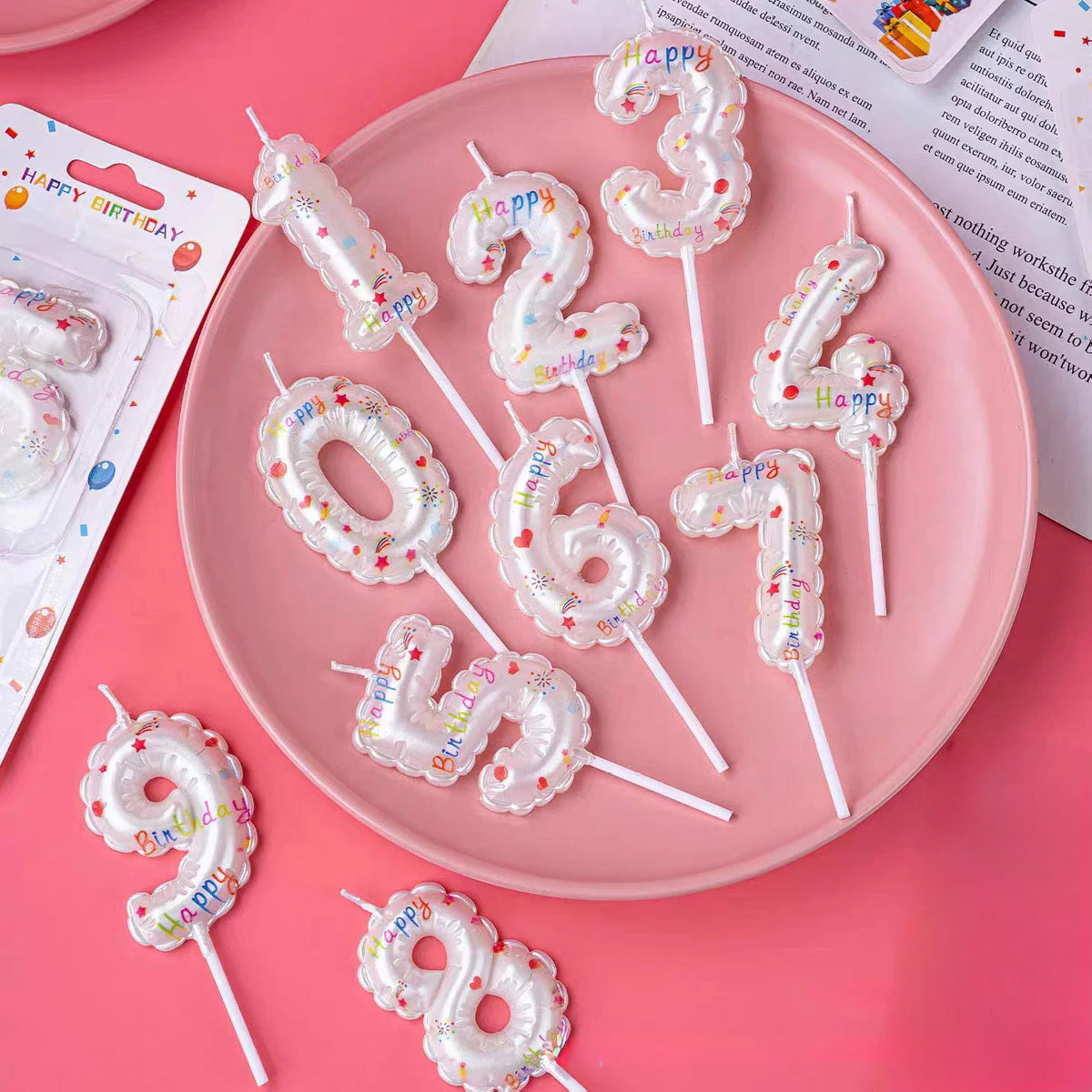1pc Happy Birthday Candles, Princess Theme Cake Decoration, White Printed Pattern, Baby Shower Party Supplies, 0-9 Digital Numbe