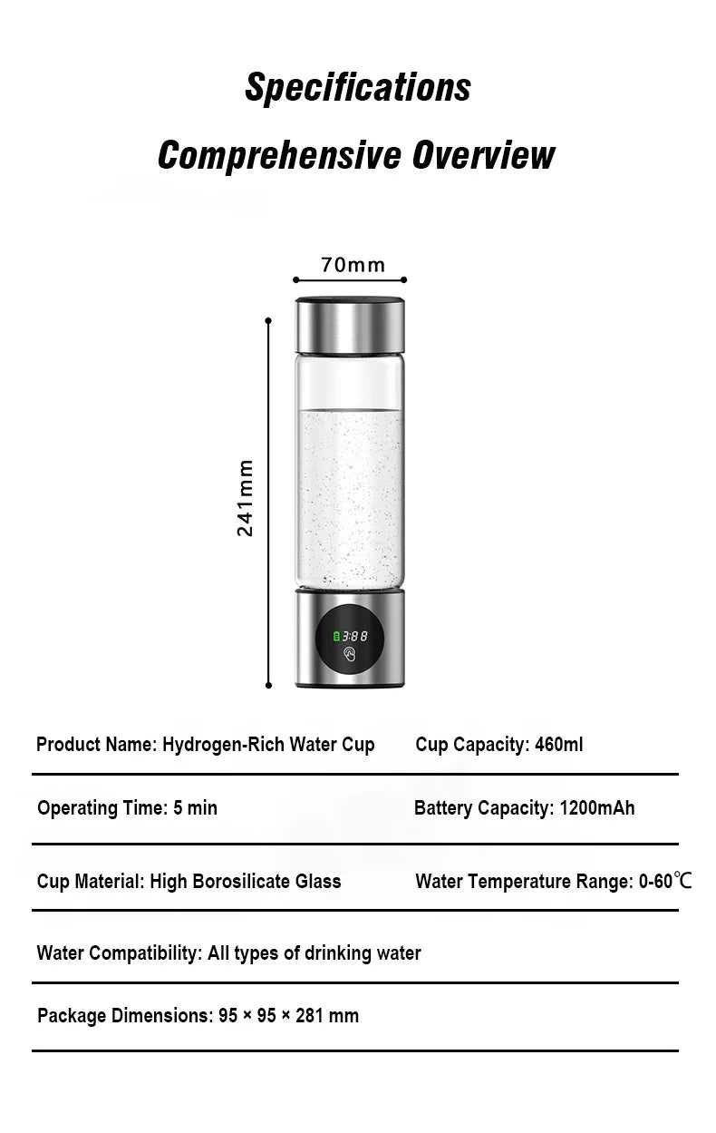 Portable High Performance Hydrogen Water Generator Bottle SPE PEM Chamber Electrolytic Ionizer Rechargeable Hydrogen Water Cup