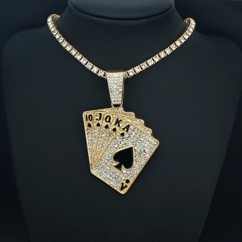Men Women Hip Hop Playing Card Poker Pendant Necklace Crystal Cuban Chain HipHop Iced Out Bling Necklaces Fashion Charm Jewelry