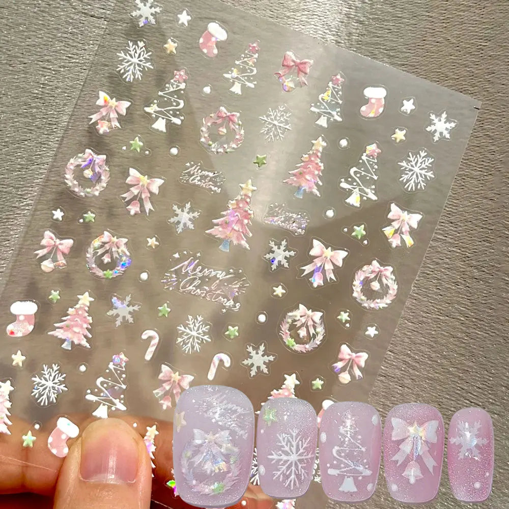 1pcs Aurora Pink Christmas Tree Bow Wreath Nail Art Stickers Cute Pink Stocking Snowflakes Nail Decals Self-Adhesive Xmas Decor