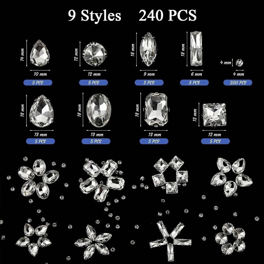 240Pcs Clear Glass Crystal Rhinestones Gems Mixed Shape Flatback Claw Rhinestones for Jewelry Clothes Shoes Costume