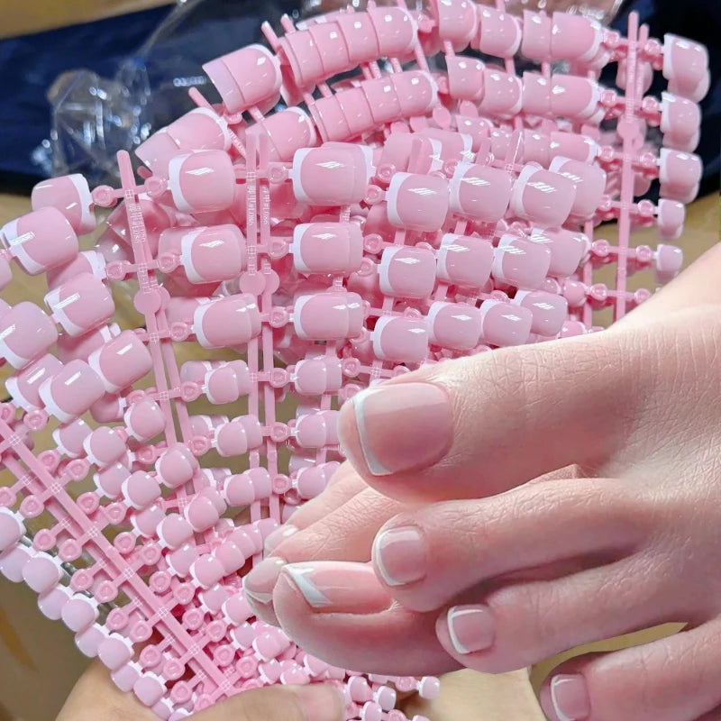 120pcs Short Square False Toe Nail Tips Pink French Soft Gel Press on Toenails White Edge Fake Toe Nails Full Cover Toe Nail Tip