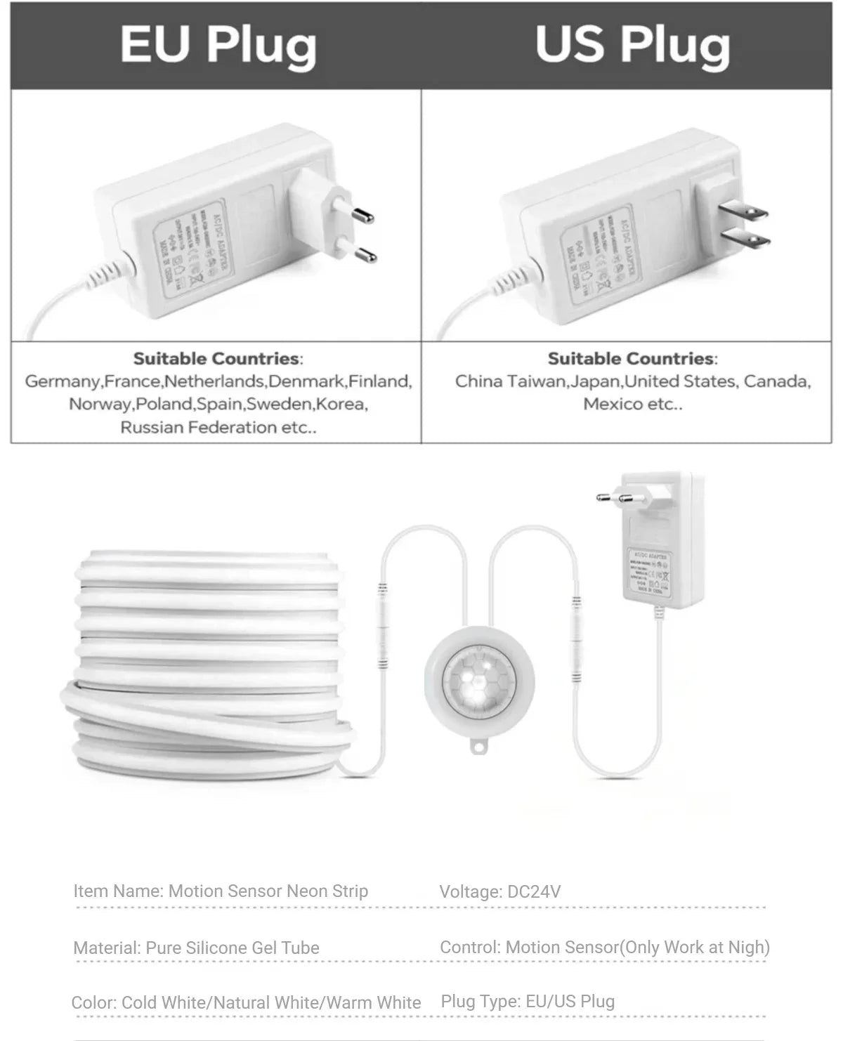 Motion Sensor Neon COB LED Strip Light Solid Silicone 24V Cuttable Light Strip Delay Time Adjustable 20-350s for Stairs Hallway