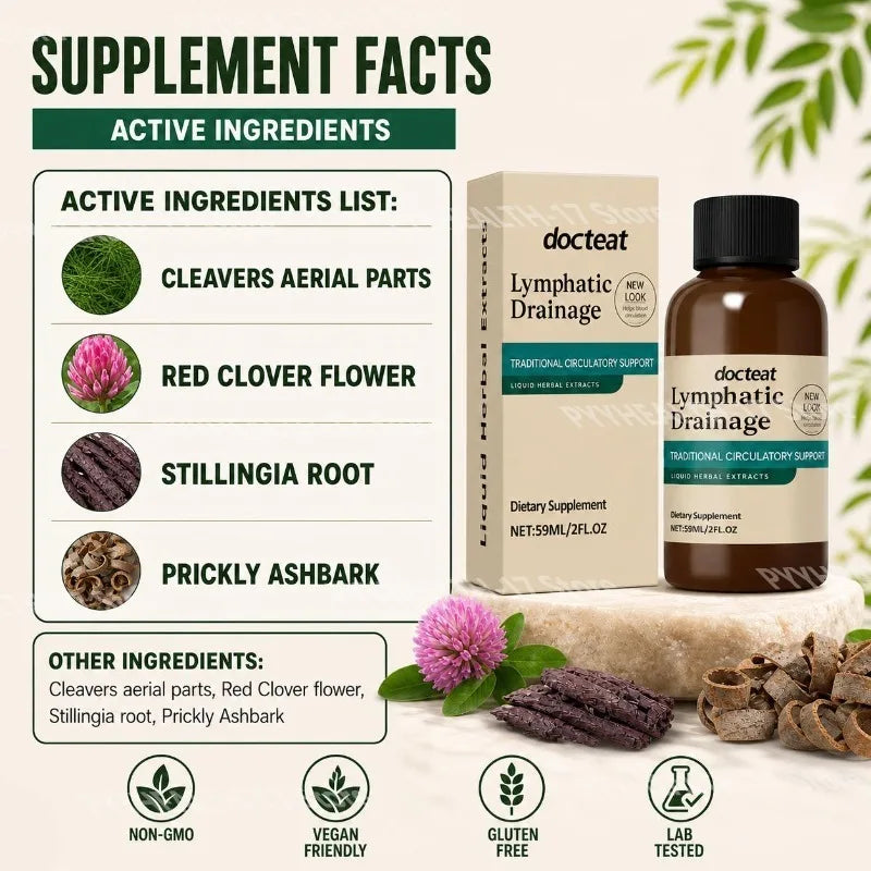 Docteat Lymphatic Drainage Liquid Herbal Extract with Red Clover Flower and Prickly Ash Bark Supports Blood Circulation 59 ML