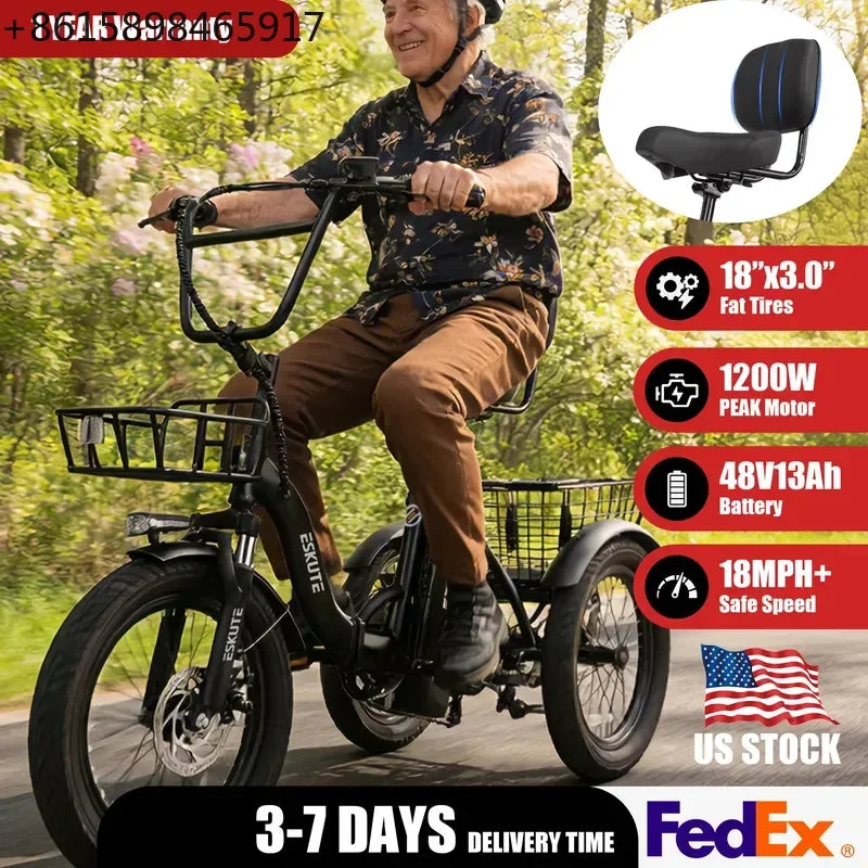ESKUTE T300 E Trike Electric Bike, Peak 1200W Brushless Motor Folding Trike 18X3.0 Tire Ebike, 624Wh Removable Battery,