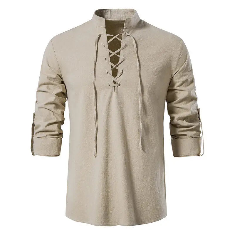 Men's Casual Henley Shirt Stand Collar Long Sleeve with Drawstring Cuffs