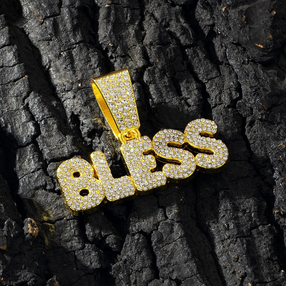 Hip Hop Letter BLESS Pendant Necklace for Women Men Shiny Rhinestones 13MM Cuban Chain Crystal Necklaces Fashion Jewelry Gifts