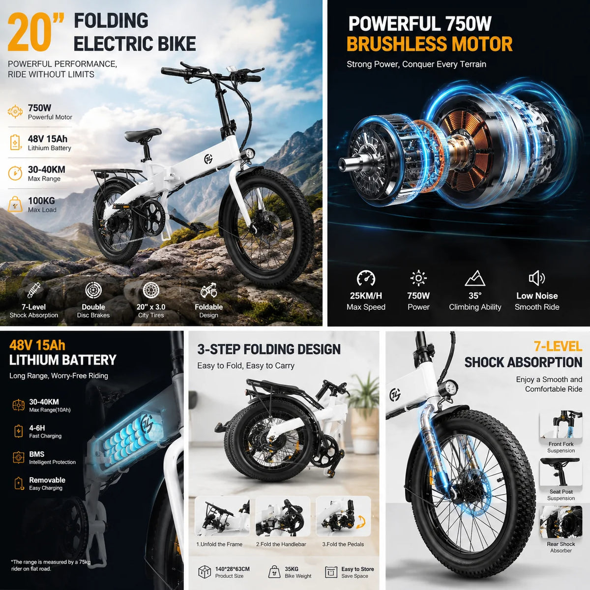 Powerful 750W Foldable Electric Bike 20 Inch Urban E-Bicycle 48V 15Ah Battery E-Bike Dual Disc Brakes 7-Level Shock Absorption