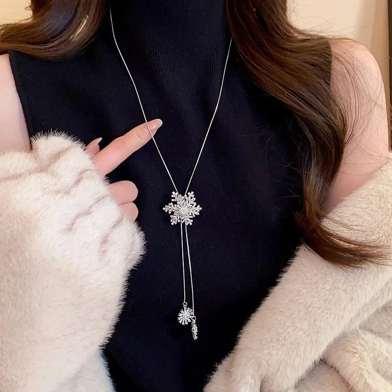 Sparkling Rhinestone Rotatable Snowflake Long Tassel Necklace For Women Crystal Zircon Pearl Cross Choker Christmas Jewelry