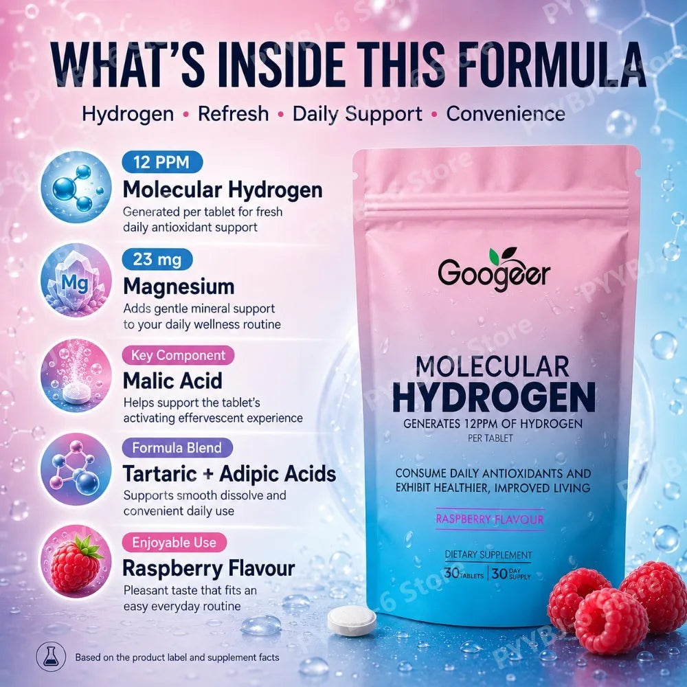Molecular Hydrogen Tablets 12PPM Raspberry Flavor Magnesium Effervescent Supplement Antioxidant Daily Wellness Support 30Tablets