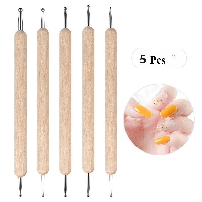 Dual-End Wooden Dotting Pen Marbleizing Tool Set for Nail Design Manicure Painting Kit 5pcs