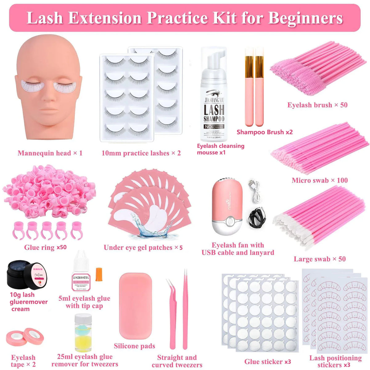 276-piece Complete Eyelash Extension Kit: Professional Human Model Head Training for Beginners, Eyelash Extension Practice