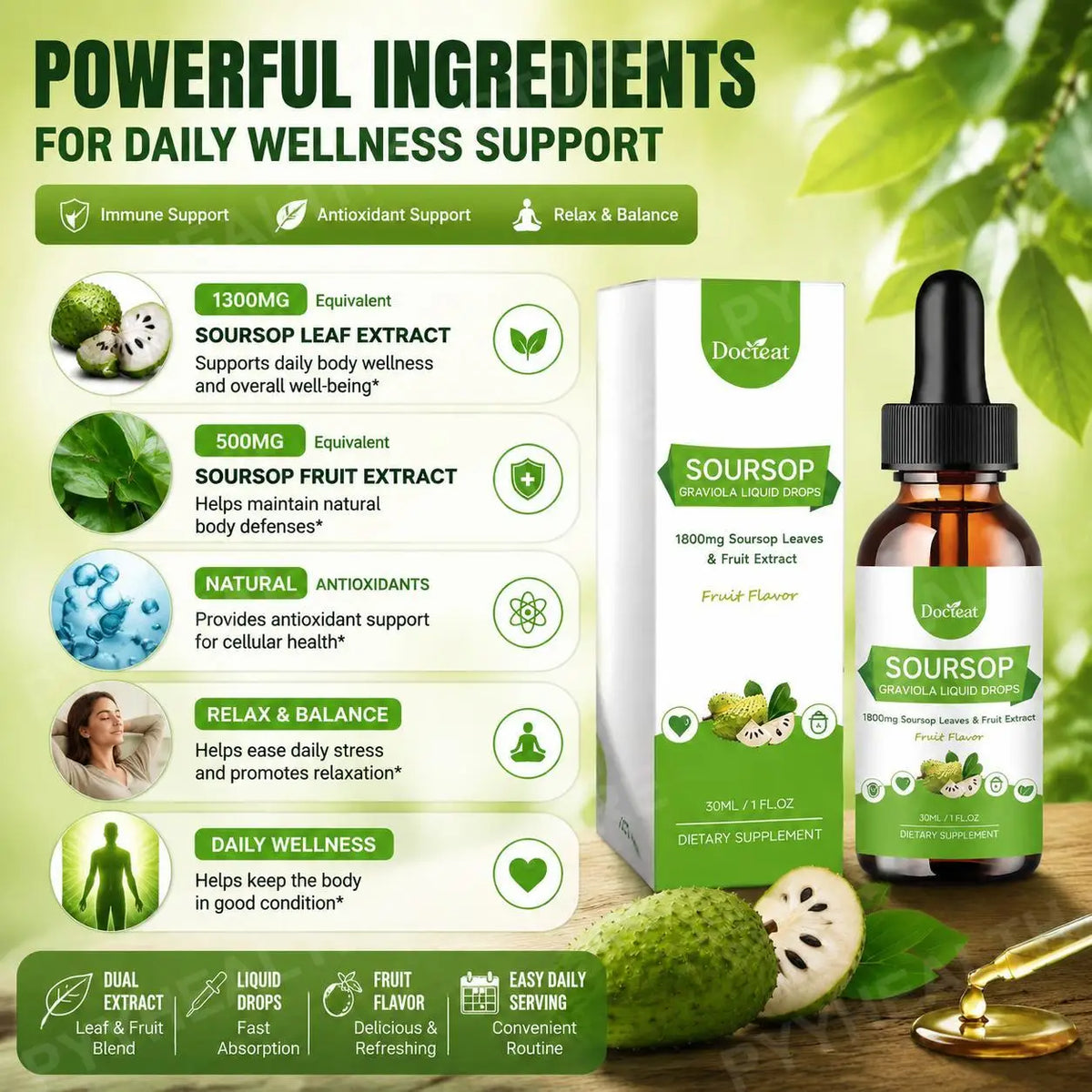 DOCTEAT Soursop Graviola Liquid Drops, 500 mg Leaf & Fruit Extract, 1800 mg Raw Herb Equivalent, Daily Vitality Support, 30 mL